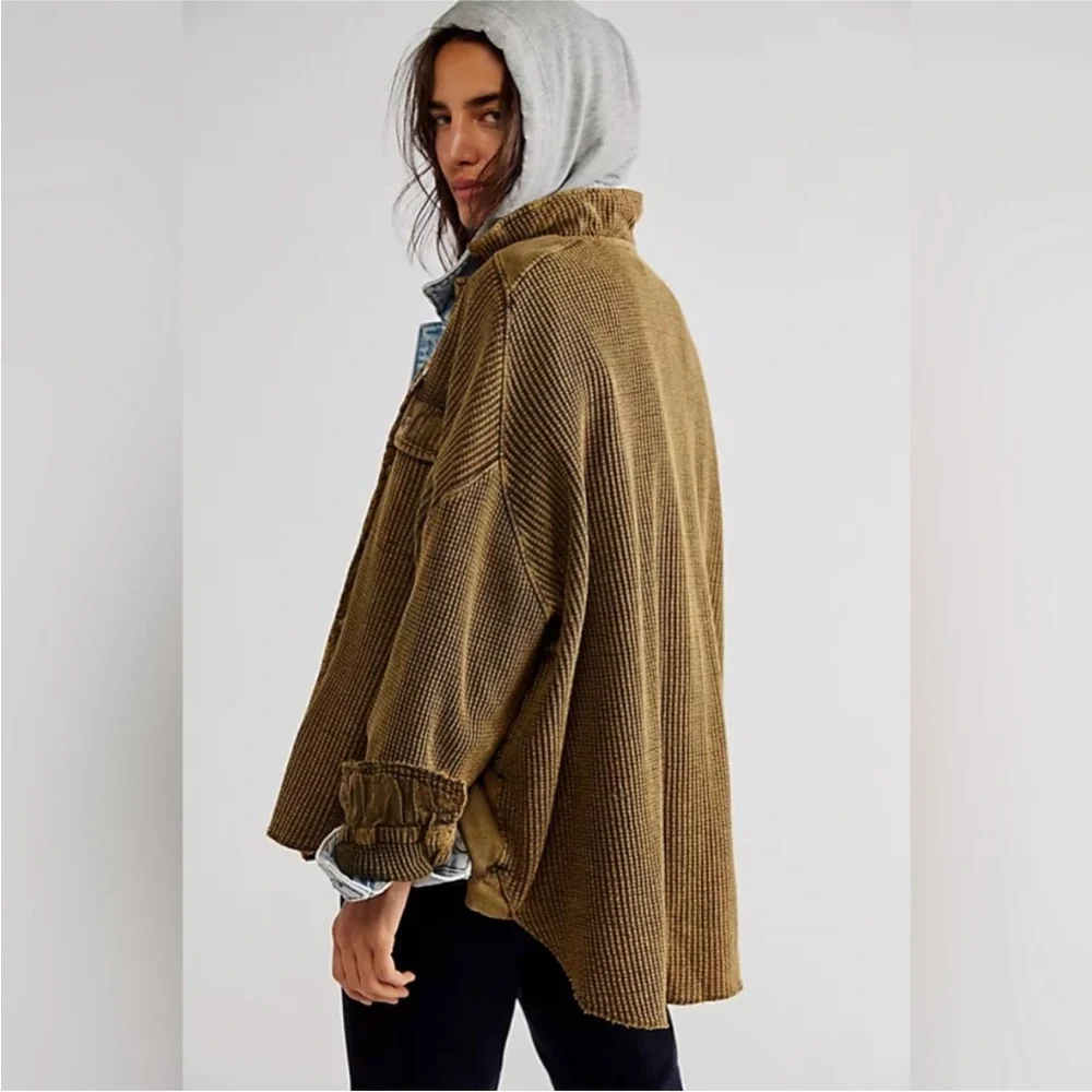 FP One Free People Scout Jacket Shacket Oversized Waffle Knit Green Thermal M - Picture 2 of 9